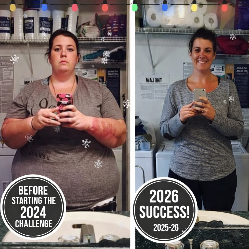 Before and after weight loss transformation of a woman in a home setting.